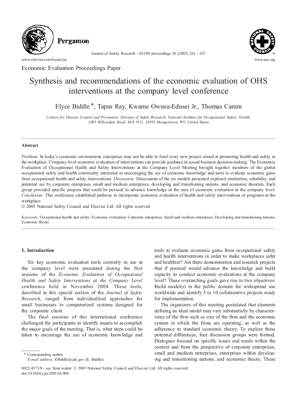 Synthesis and recommendations of the economic evaluation of OHS interventions at the company level conference