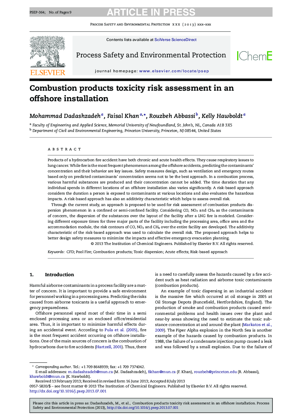 Combustion products toxicity risk assessment in an offshore installation