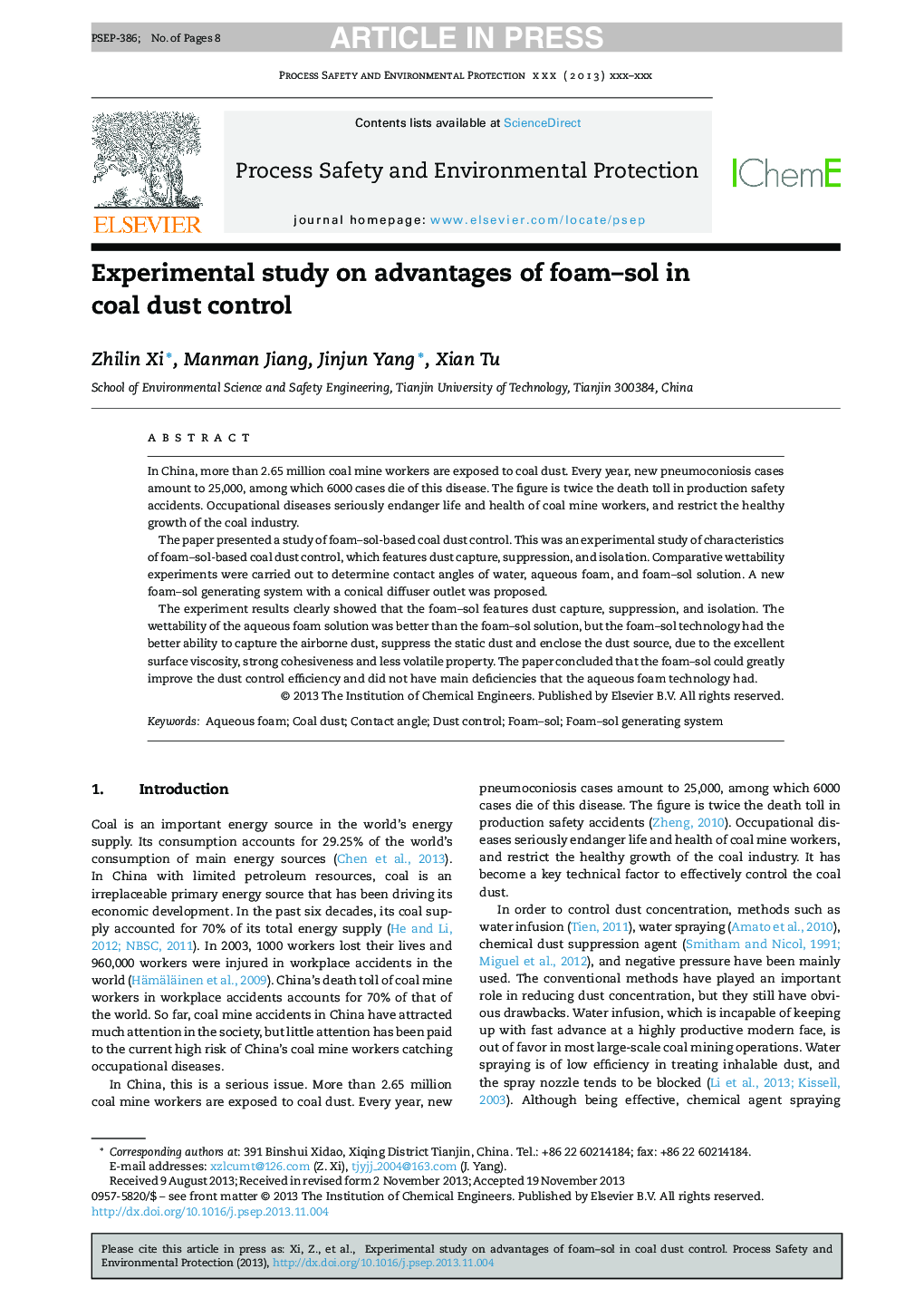 Experimental study on advantages of foam-sol in coal dust control