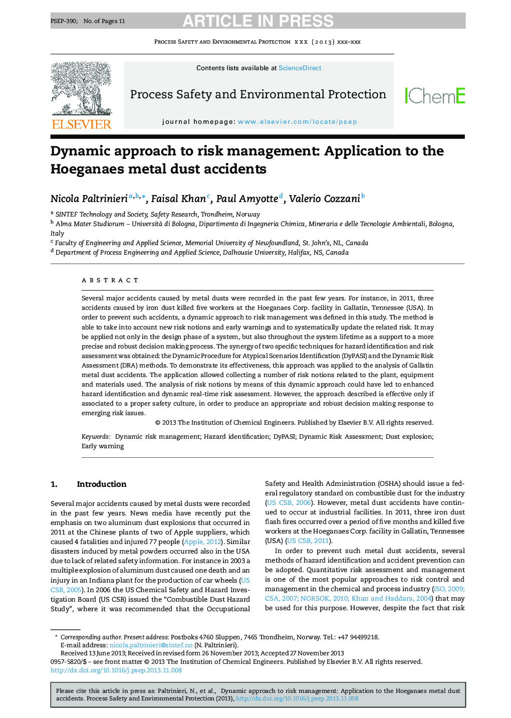 Dynamic approach to risk management: Application to the Hoeganaes metal dust accidents
