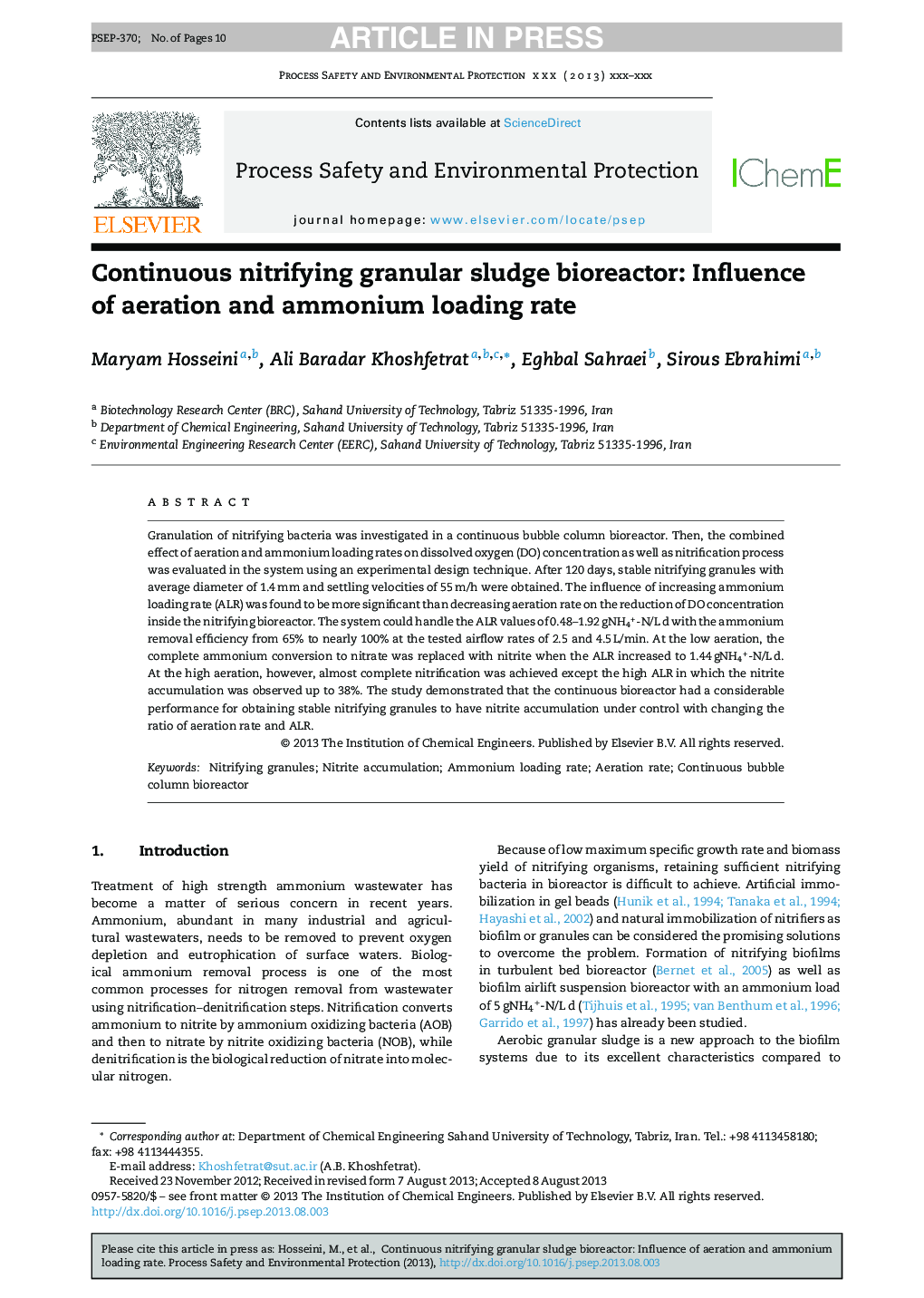 Continuous nitrifying granular sludge bioreactor: Influence of aeration and ammonium loading rate