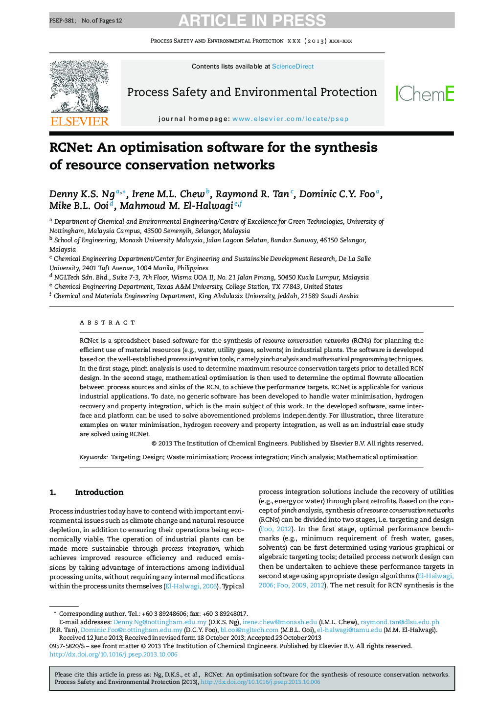 RCNet: An optimisation software for the synthesis of resource conservation networks