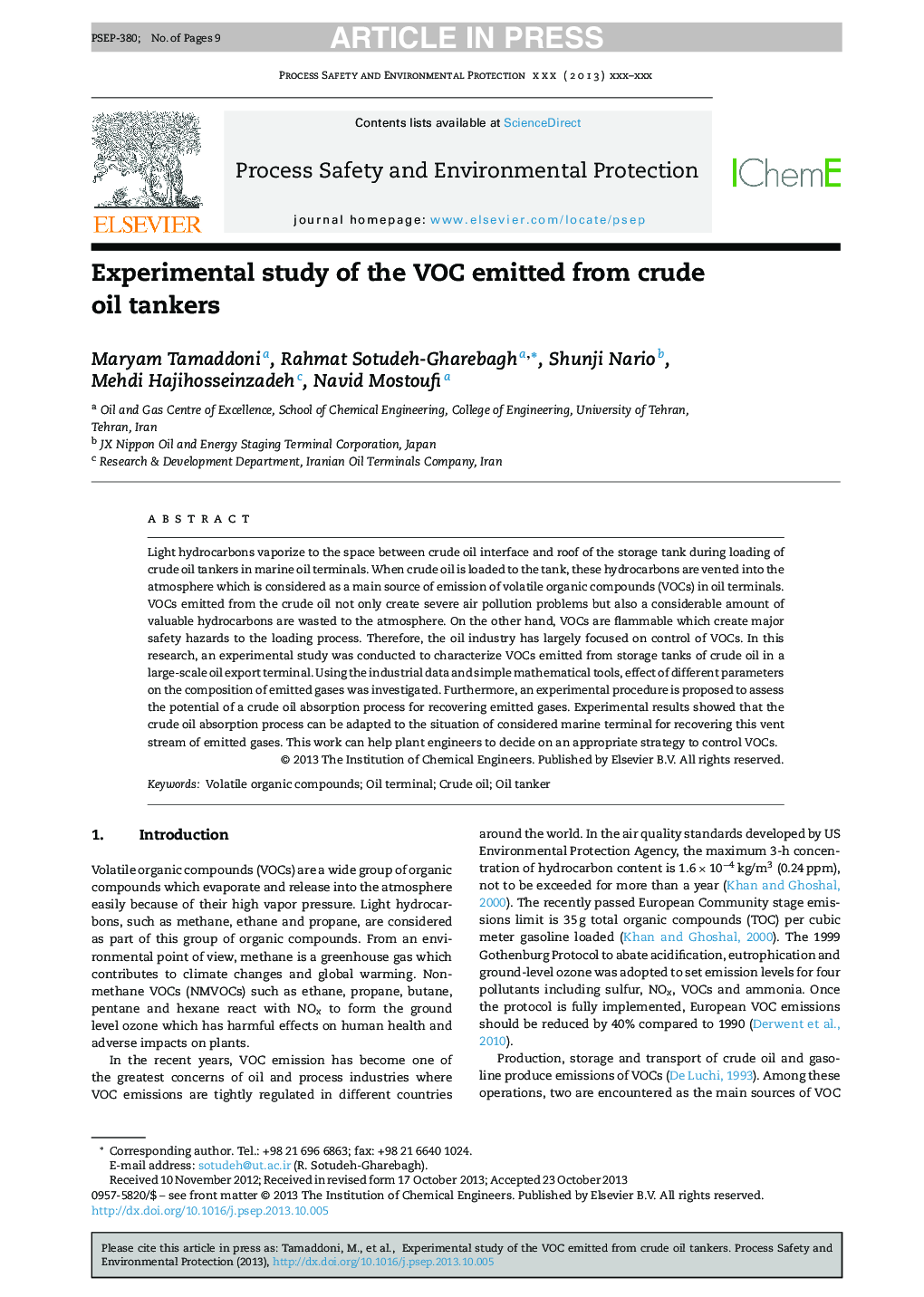 Experimental study of the VOC emitted from crude oil tankers