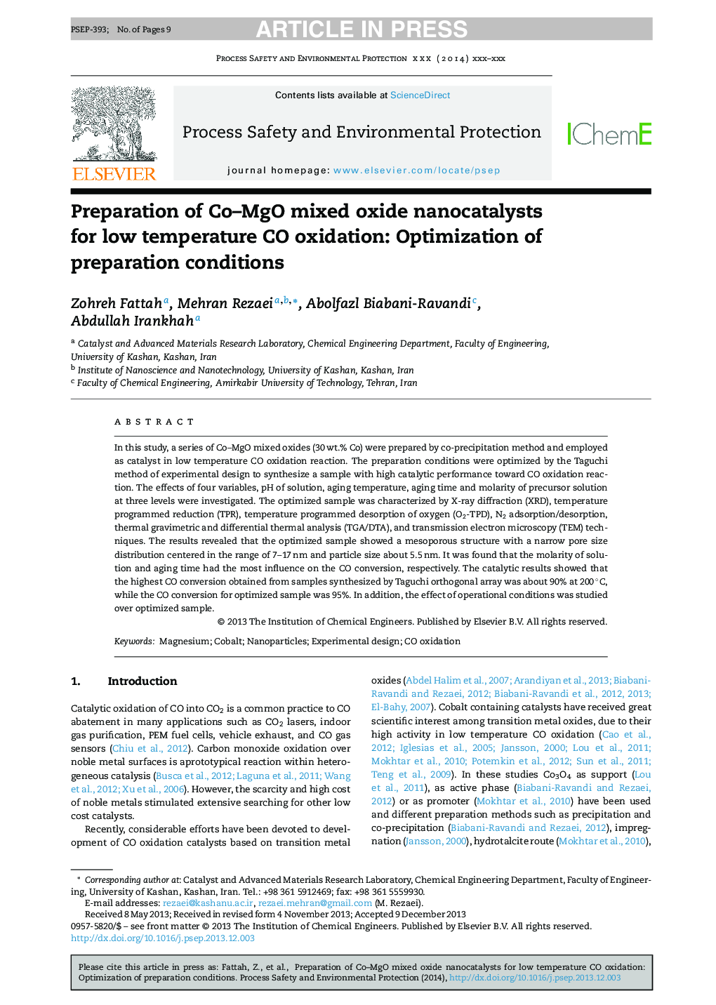 Preparation of Co-MgO mixed oxide nanocatalysts for low temperature CO oxidation: Optimization of preparation conditions