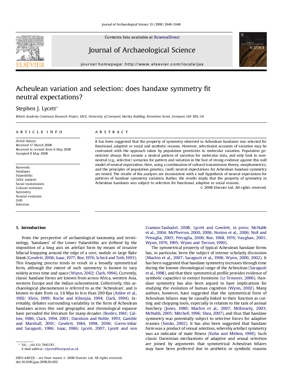 Acheulean variation and selection: does handaxe symmetry fit neutral expectations?