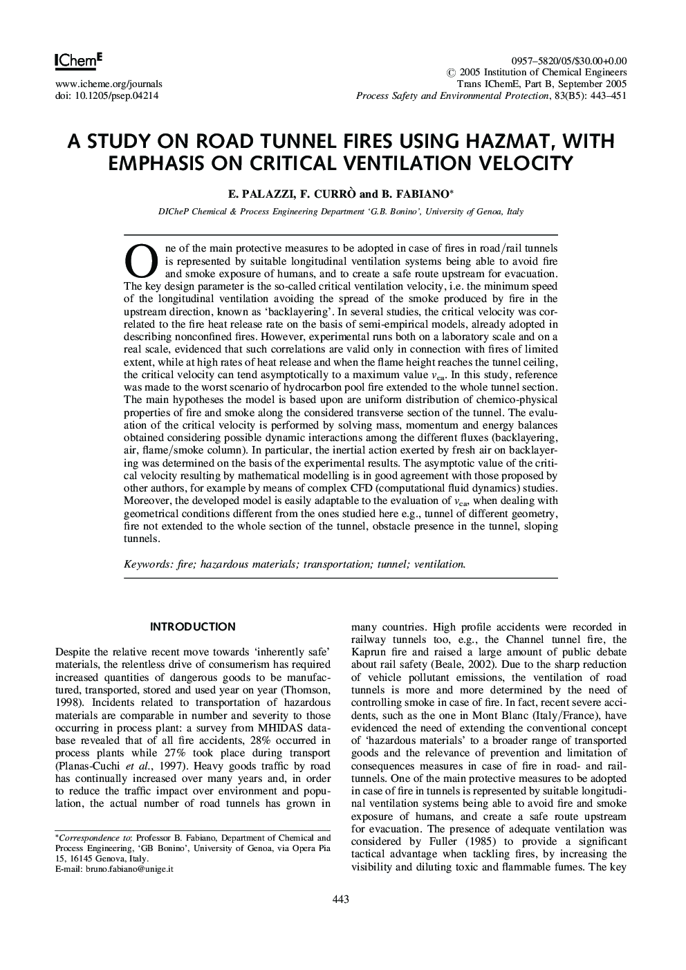 A Study on Road Tunnel Fires Using Hazmat, with Emphasis on Critical Ventilation Velocity