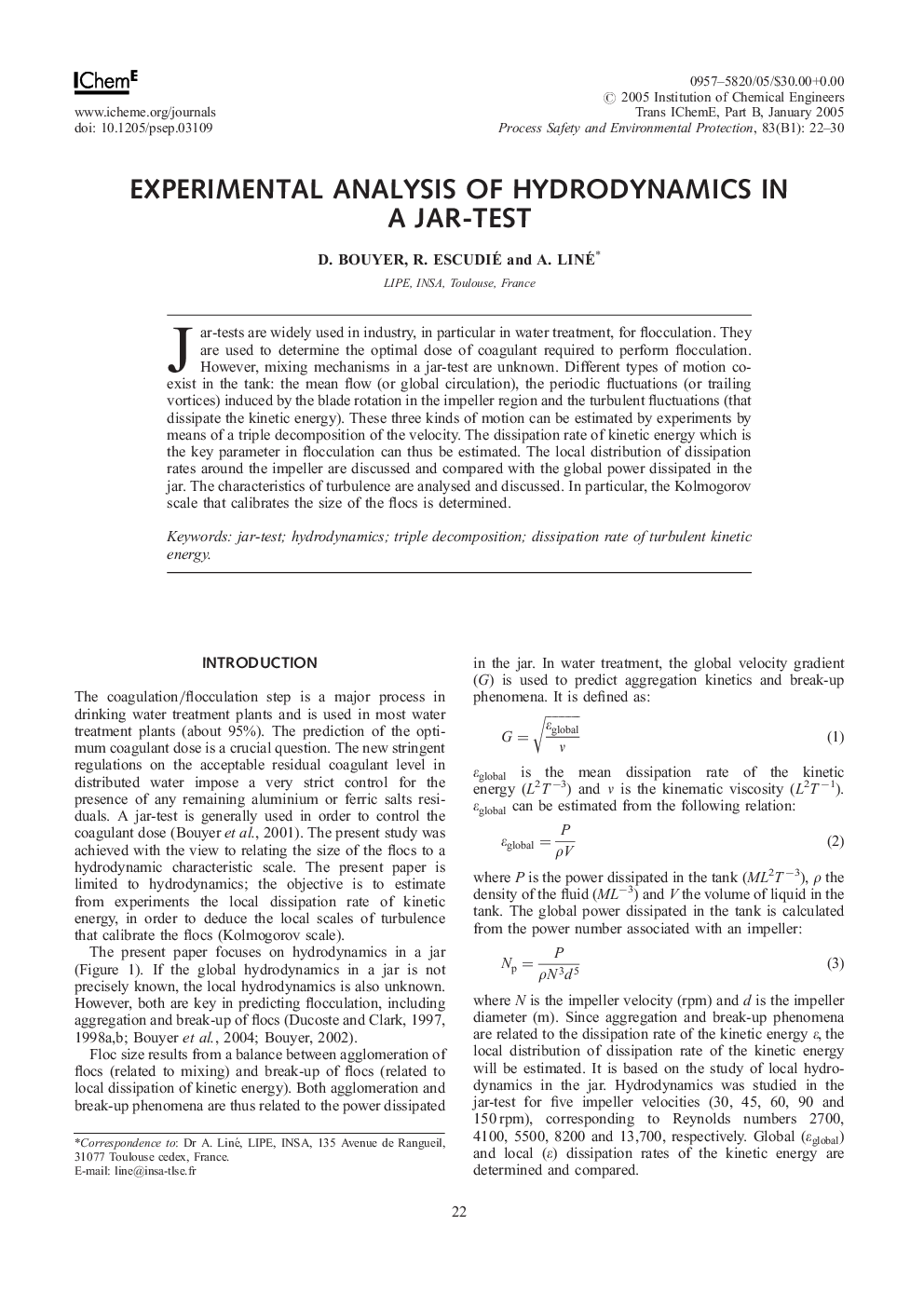 Experimental Analysis of Hydrodynamics in a Jar-test