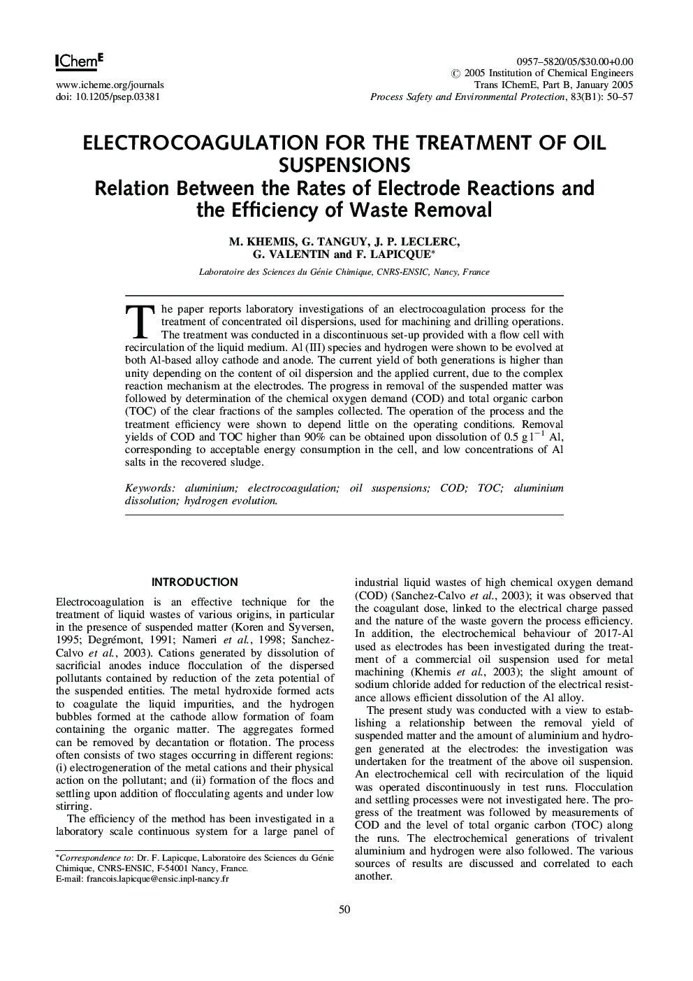 Electrocoagulation for the Treatment of Oil Suspensions