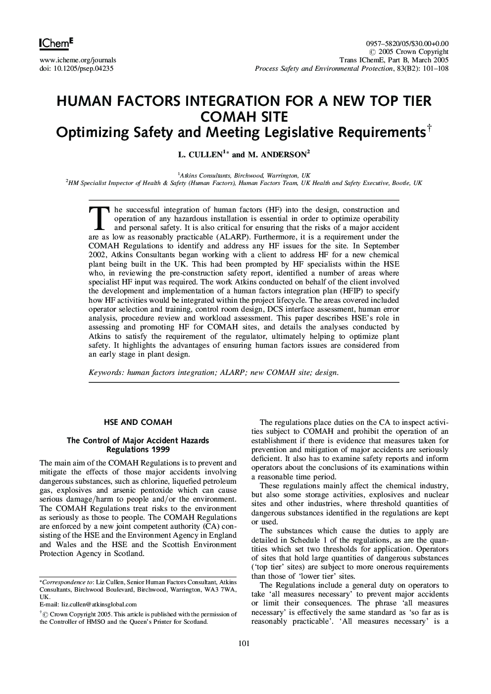 Human Factors Integration for a New Top Tier COMAH Site