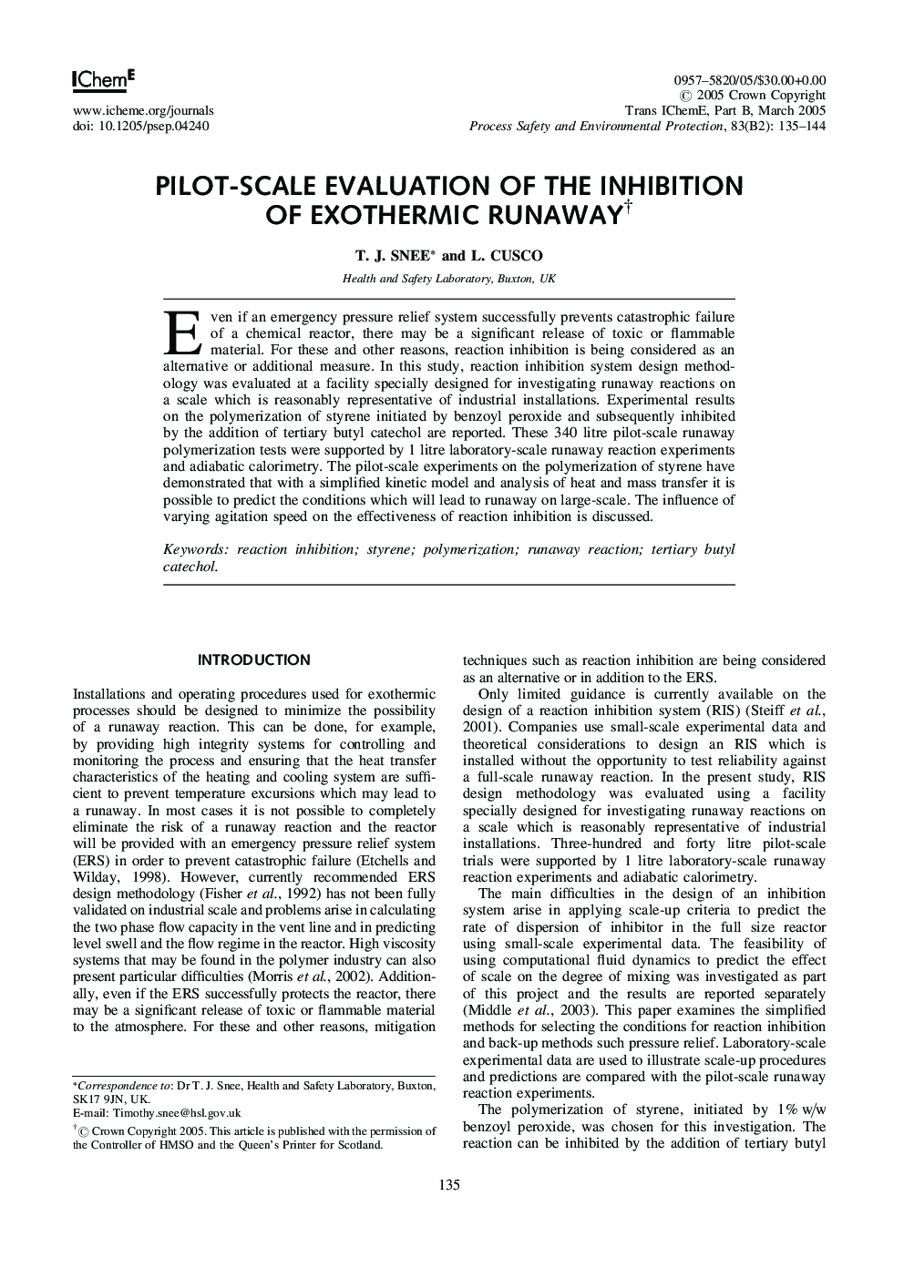 Pilot-Scale Evaluation of the Inhibition of Exothermic Runaway