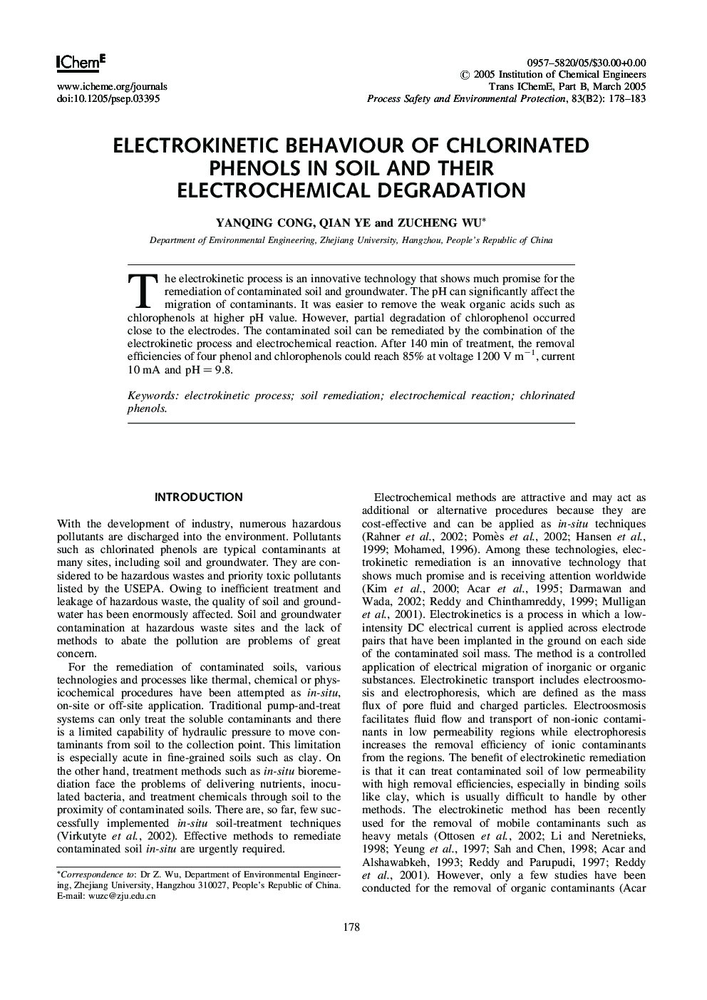 Electrokinetic Behaviour of Chlorinated Phenols in Soil and their Electrochemical Degradation