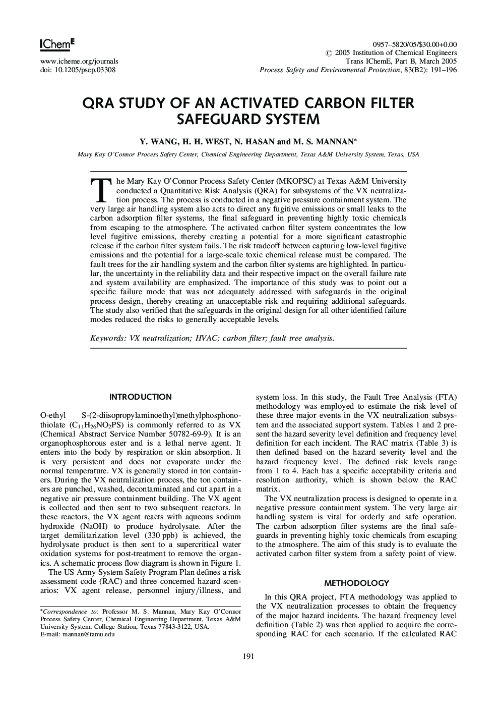 عکس صفحه اول مقاله: QRA Study of an Activated Carbon Filter Safeguard System QRA Study of an Activated Carbon Filter Safeguard System