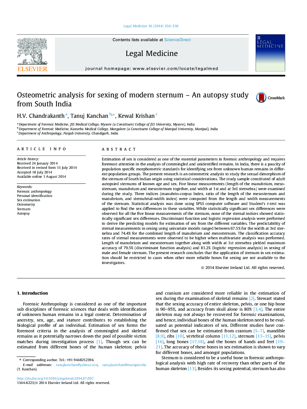 Osteometric analysis for sexing of modern sternum – An autopsy study from South India