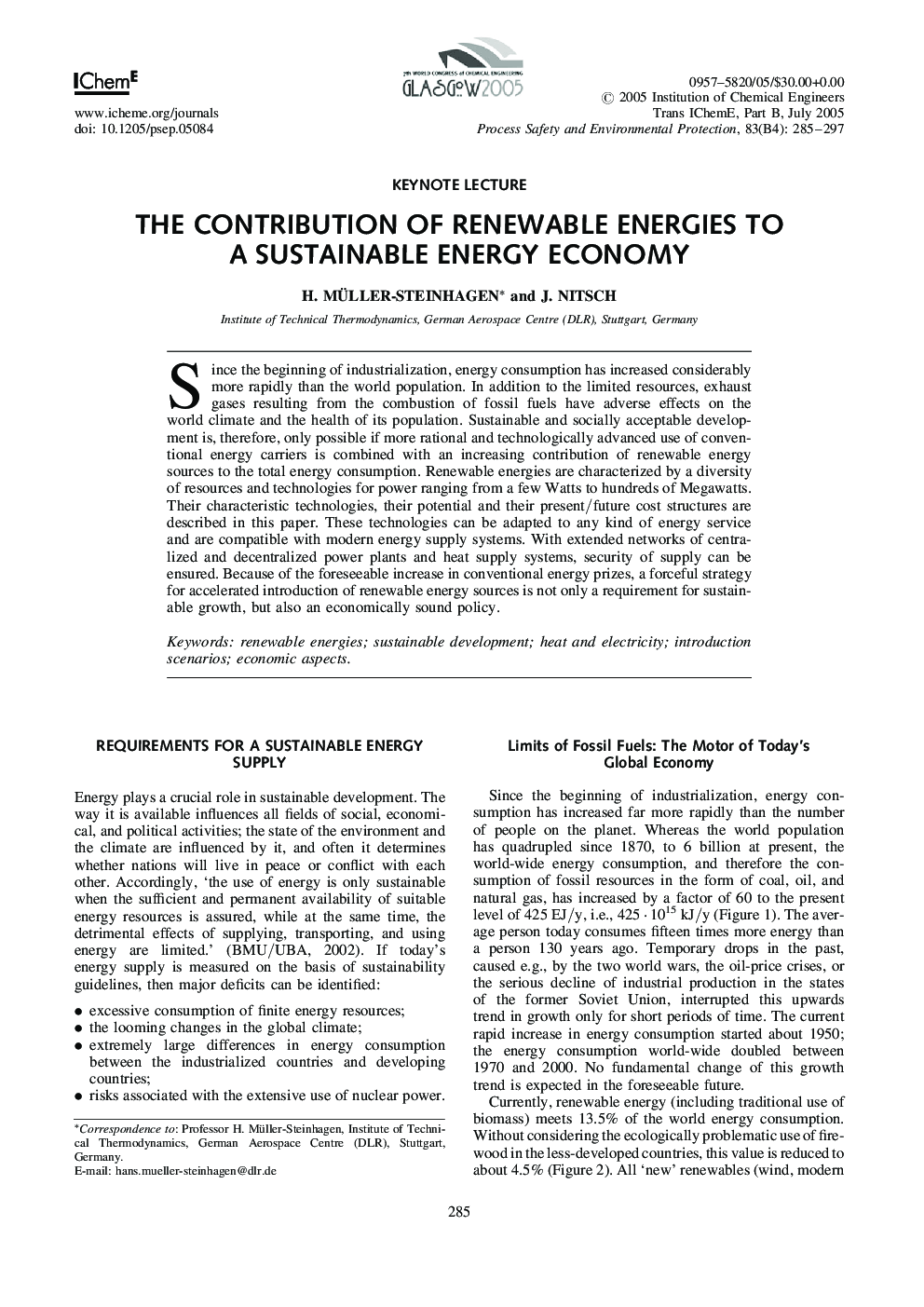 The Contribution of Renewable Energies to a Sustainable Energy Economy