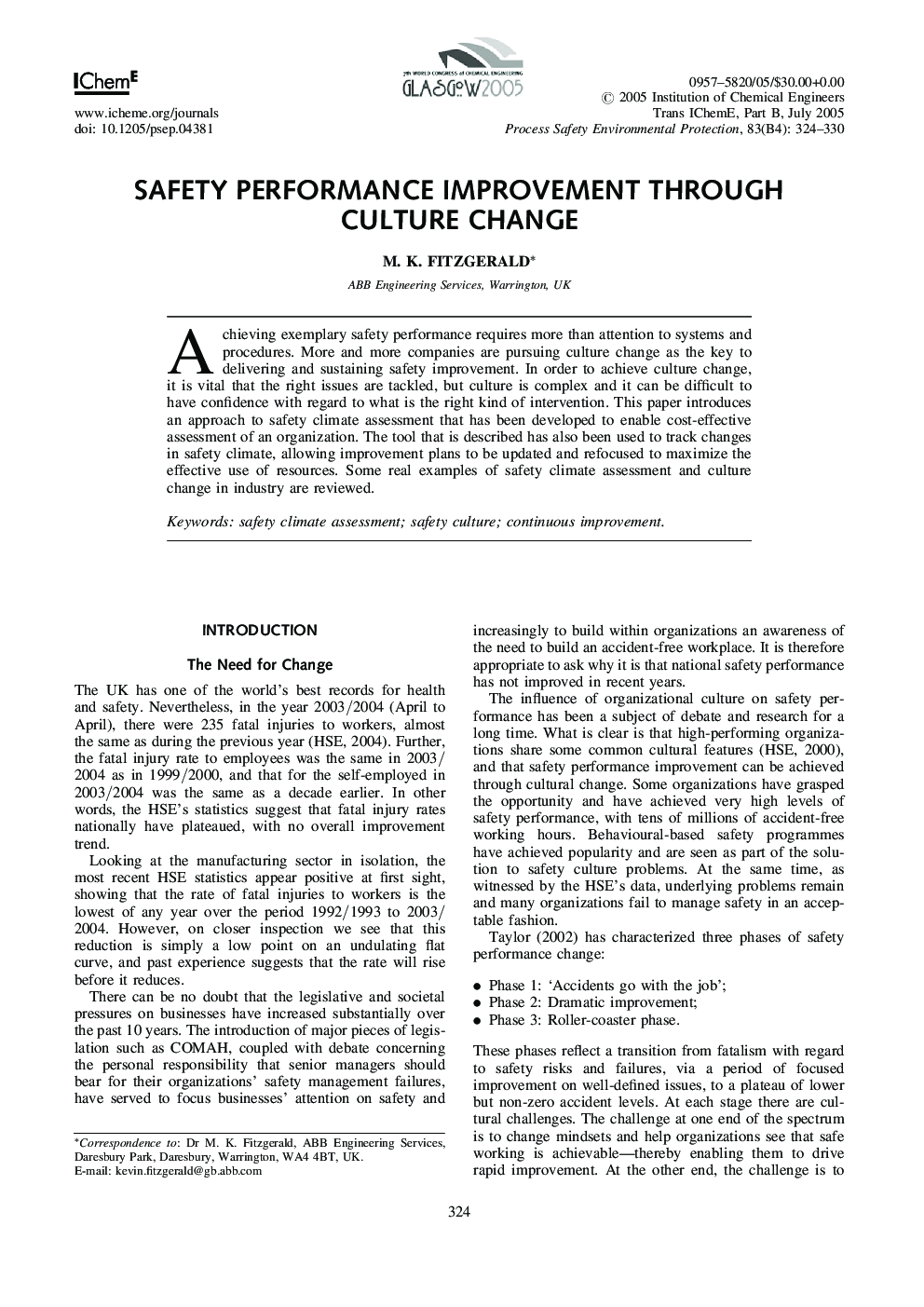 Safety Performance Improvement Through Culture Change