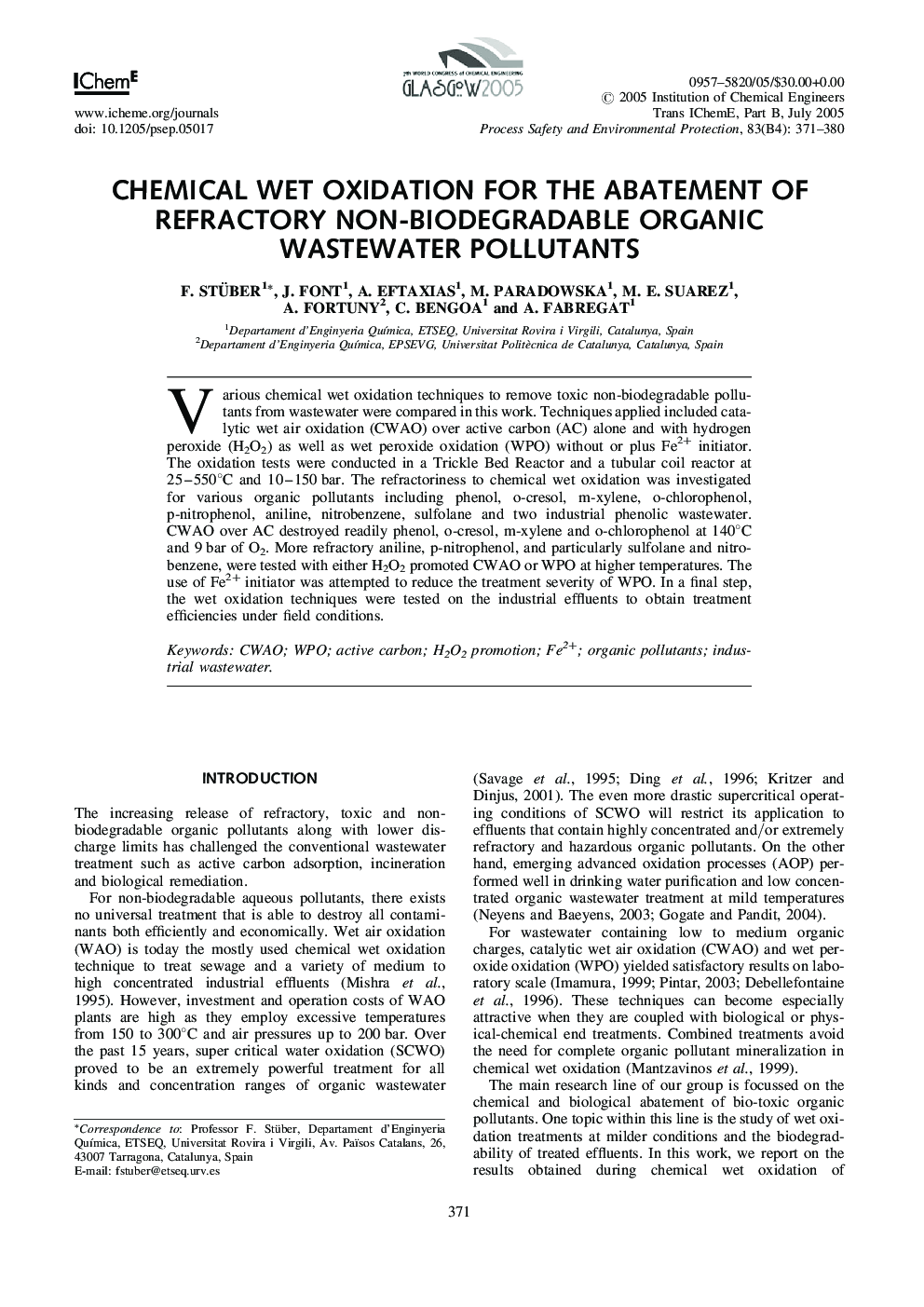 Chemical Wet Oxidation for the Abatement of Refractory Non-Biodegradable Organic Wastewater Pollutants