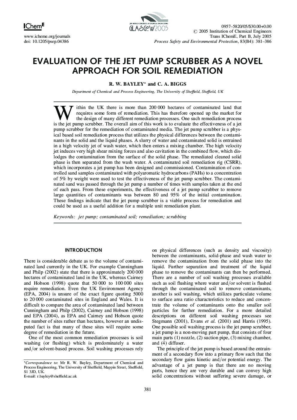 Evaluation of the Jet Pump Scrubber as a Novel Approach for Soil Remediation