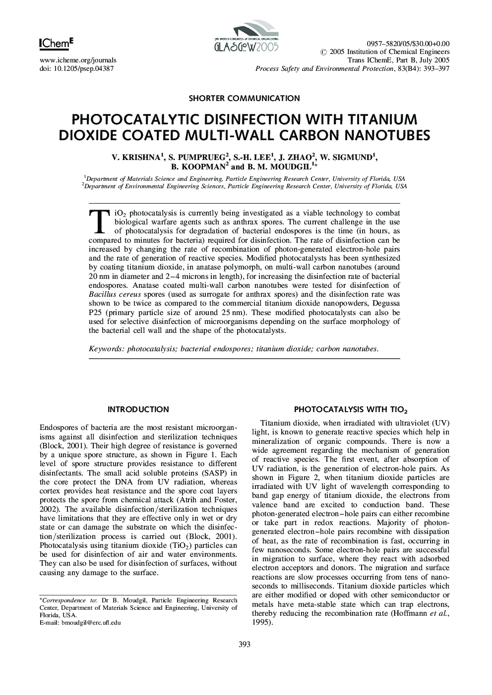 Photocatalytic Disinfection with Titanium Dioxide Coated Multi-Wall Carbon Nanotubes