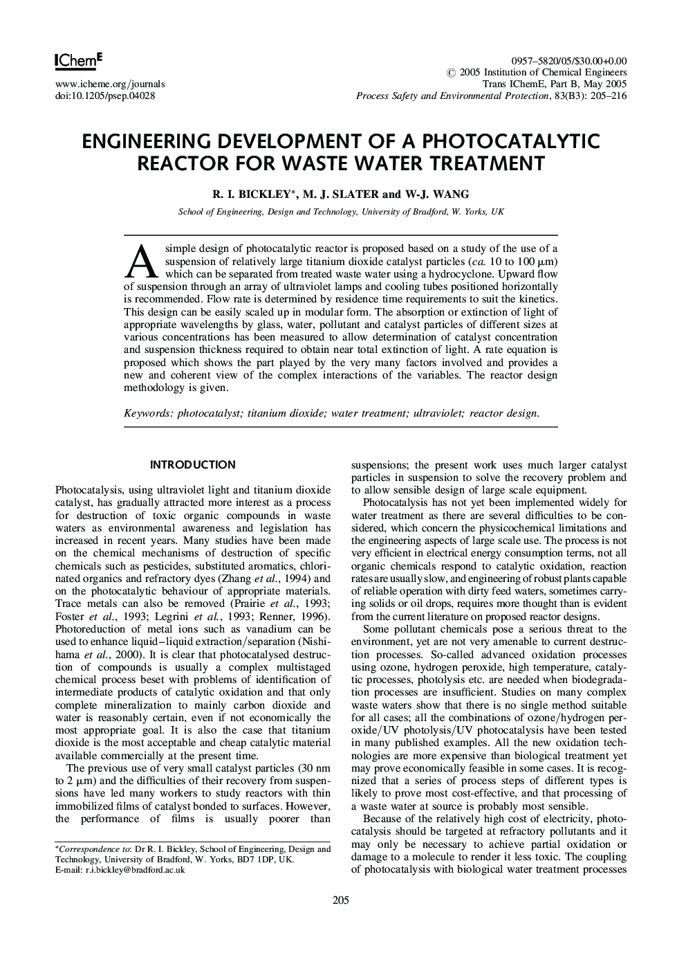 Engineering Development of a Photocatalytic Reactor for Waste Water Treatment
