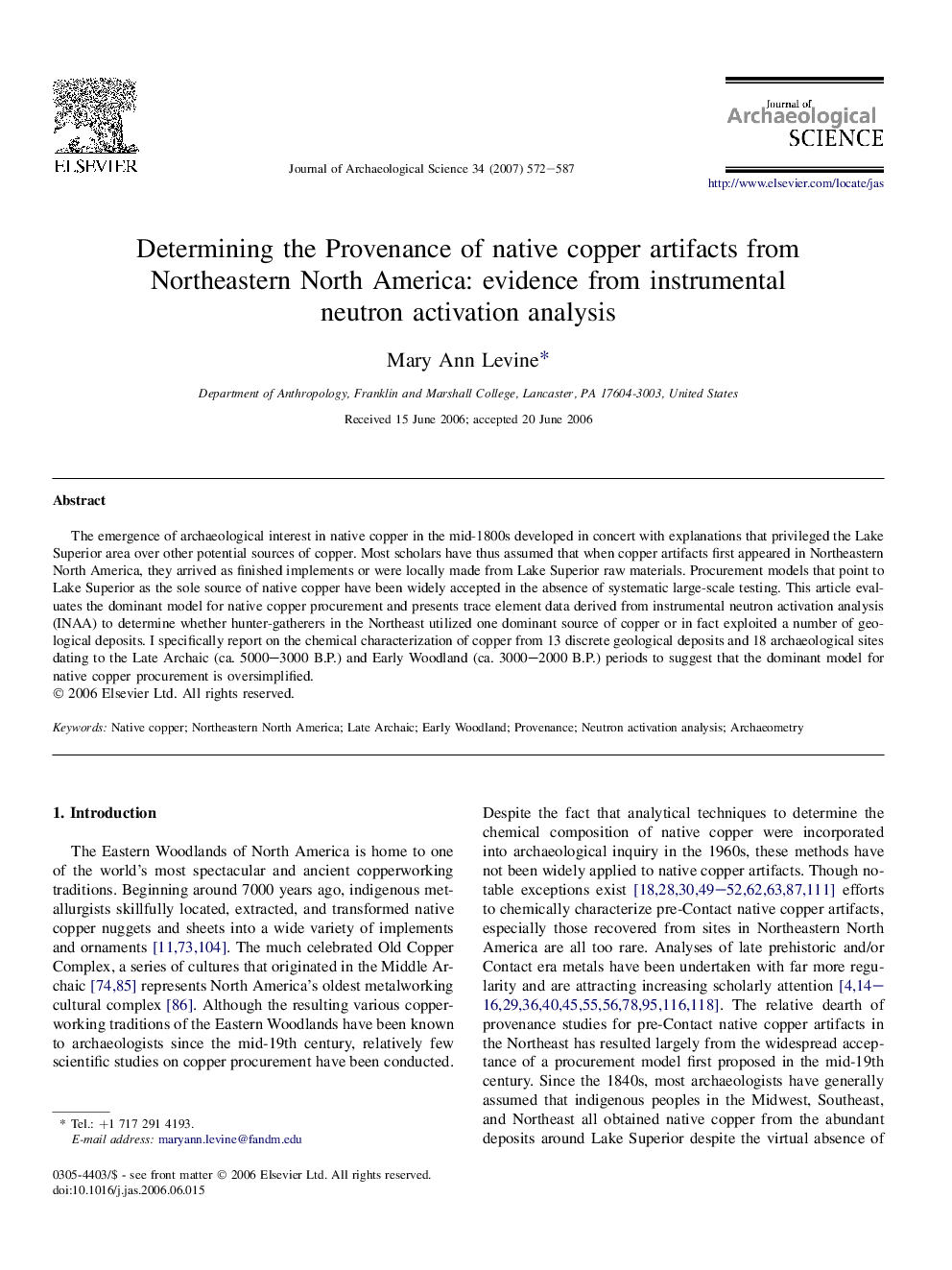 Determining the Provenance of native copper artifacts from Northeastern North America: evidence from instrumental neutron activation analysis