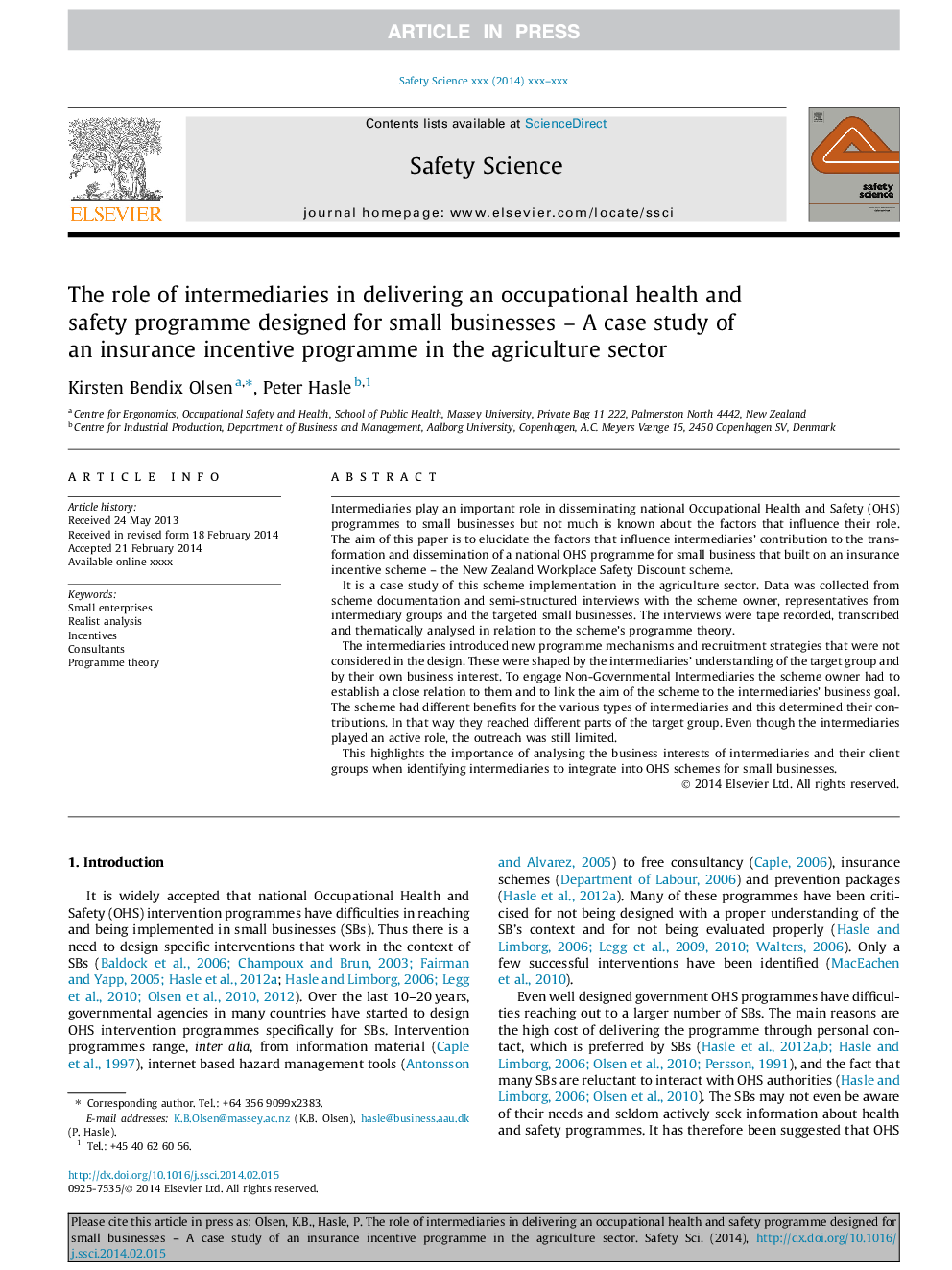 The role of intermediaries in delivering an occupational health and safety programme designed for small businesses - A case study of an insurance incentive programme in the agriculture sector