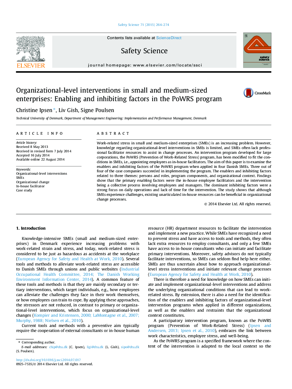 Organizational-level interventions in small and medium-sized enterprises: Enabling and inhibiting factors in the PoWRS program