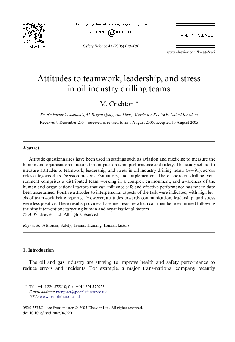 Attitudes to teamwork, leadership, and stress in oil industry drilling teams