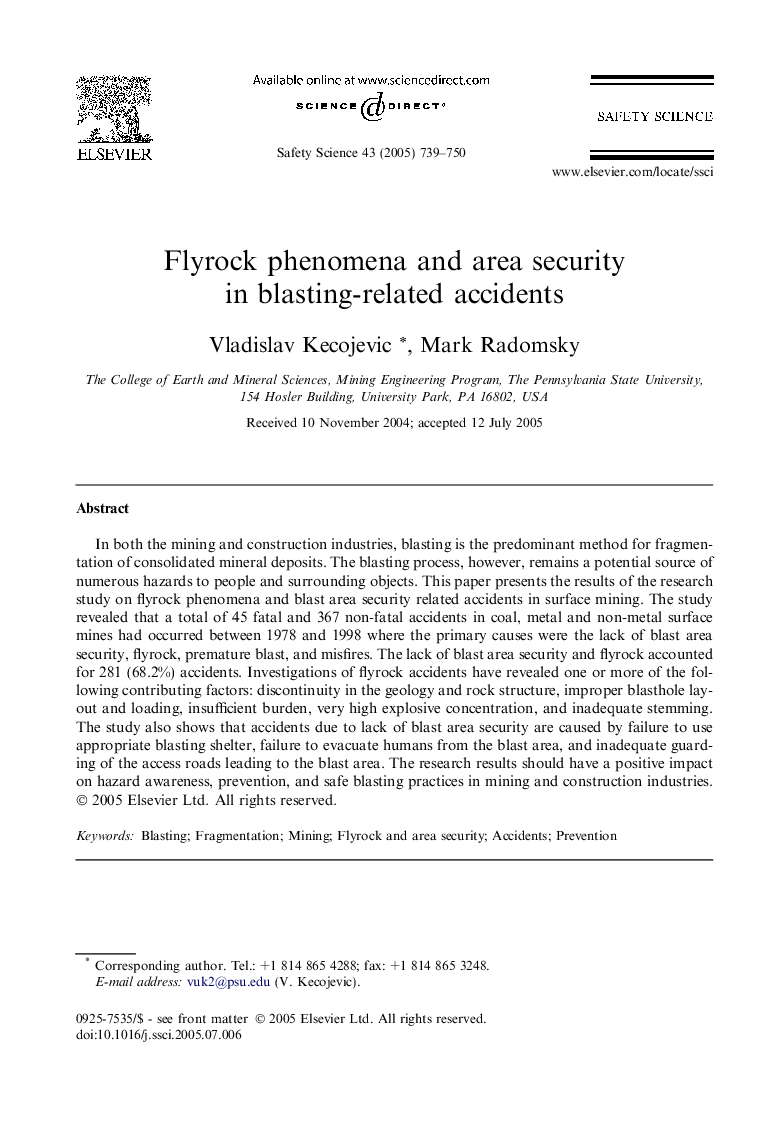 Flyrock phenomena and area security in blasting-related accidents