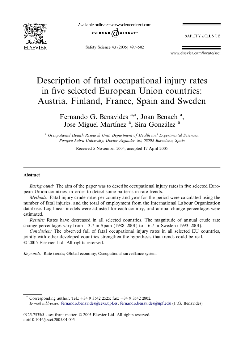 Description of fatal occupational injury rates in five selected European Union countries: Austria, Finland, France, Spain and Sweden