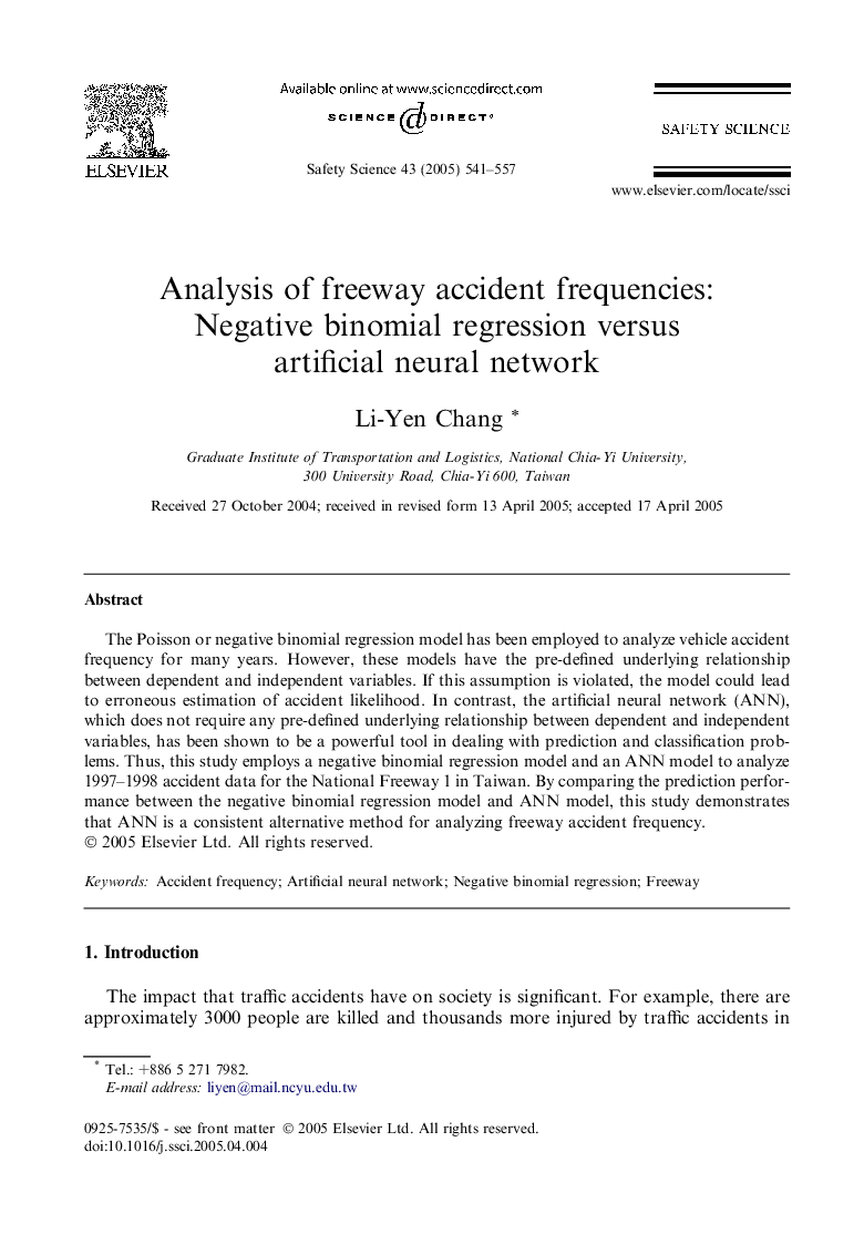Analysis of freeway accident frequencies: Negative binomial regression versus artificial neural network