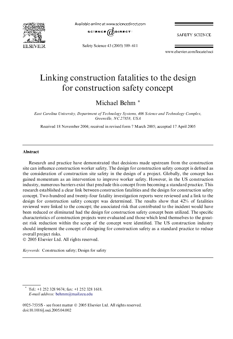 Linking construction fatalities to the design for construction safety concept