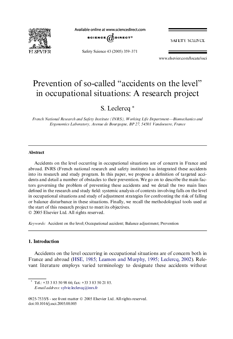 Prevention of so-called “accidents on the level” in occupational situations: A research project