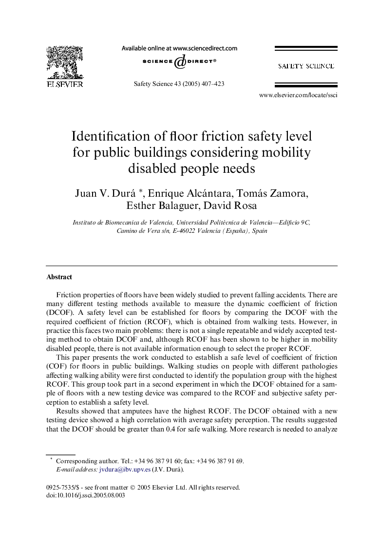 Identification of floor friction safety level for public buildings considering mobility disabled people needs