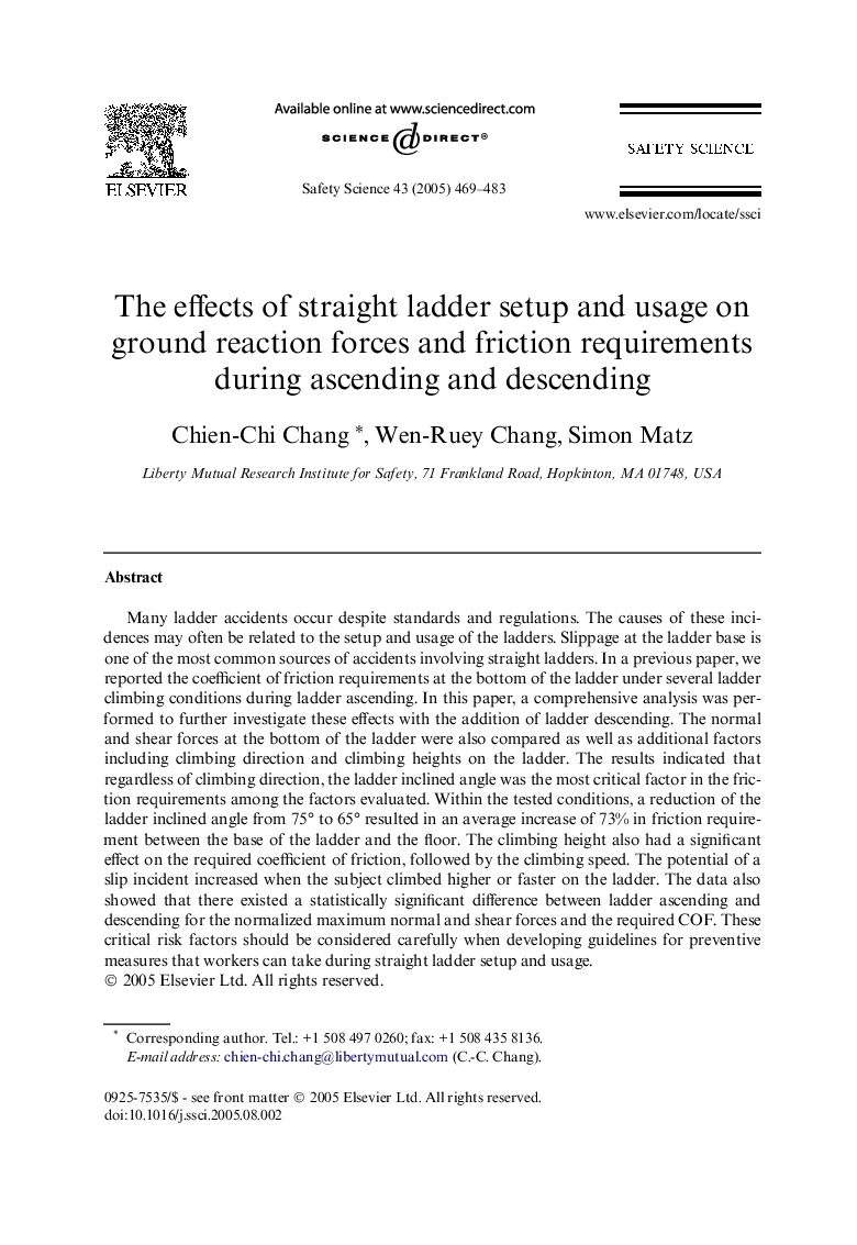 The effects of straight ladder setup and usage on ground reaction forces and friction requirements during ascending and descending