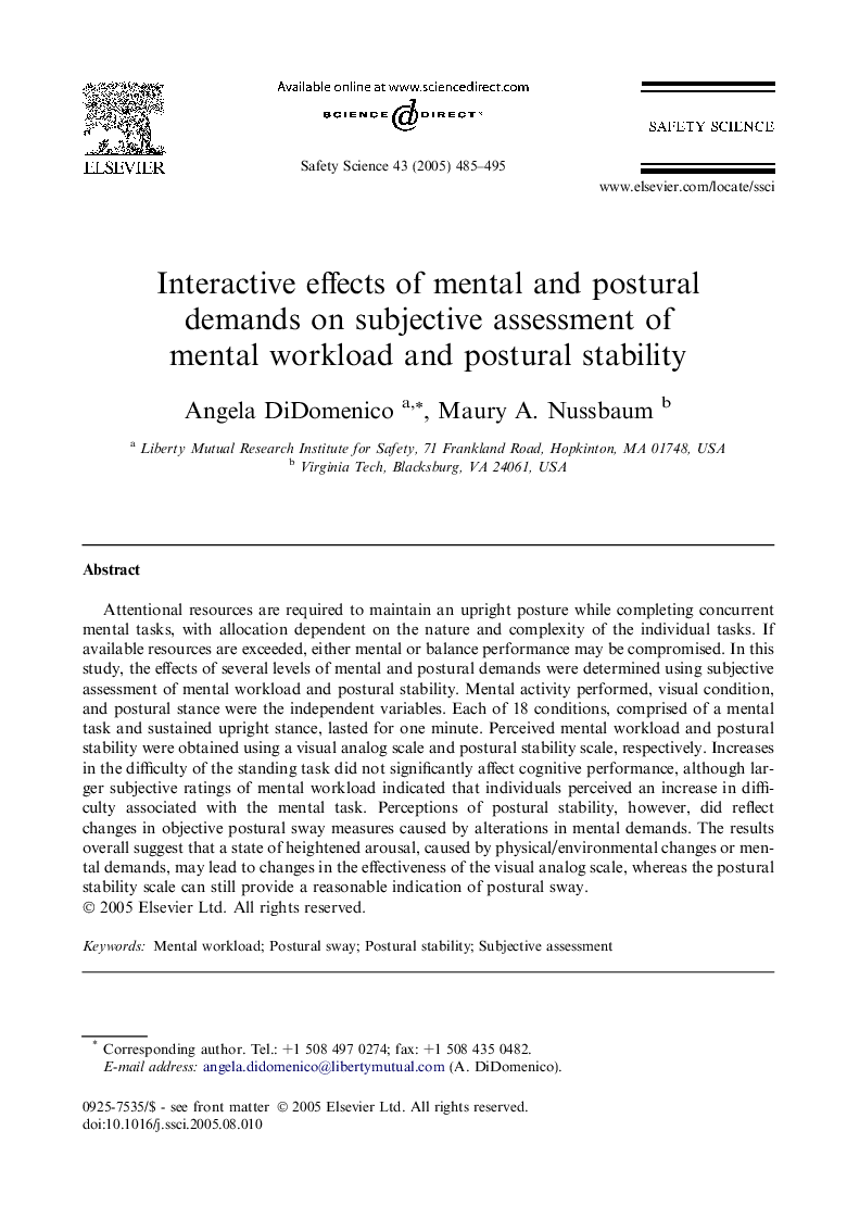 Interactive effects of mental and postural demands on subjective assessment of mental workload and postural stability