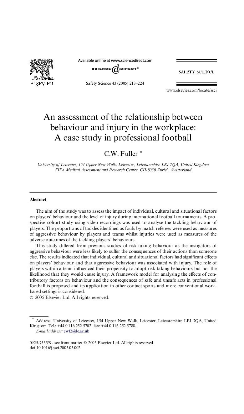 An assessment of the relationship between behaviour and injury in the workplace: A case study in professional football