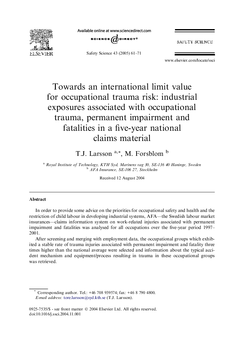 Towards an international limit value for occupational trauma risk: industrial exposures associated with occupational trauma, permanent impairment and fatalities in a five-year national claims material