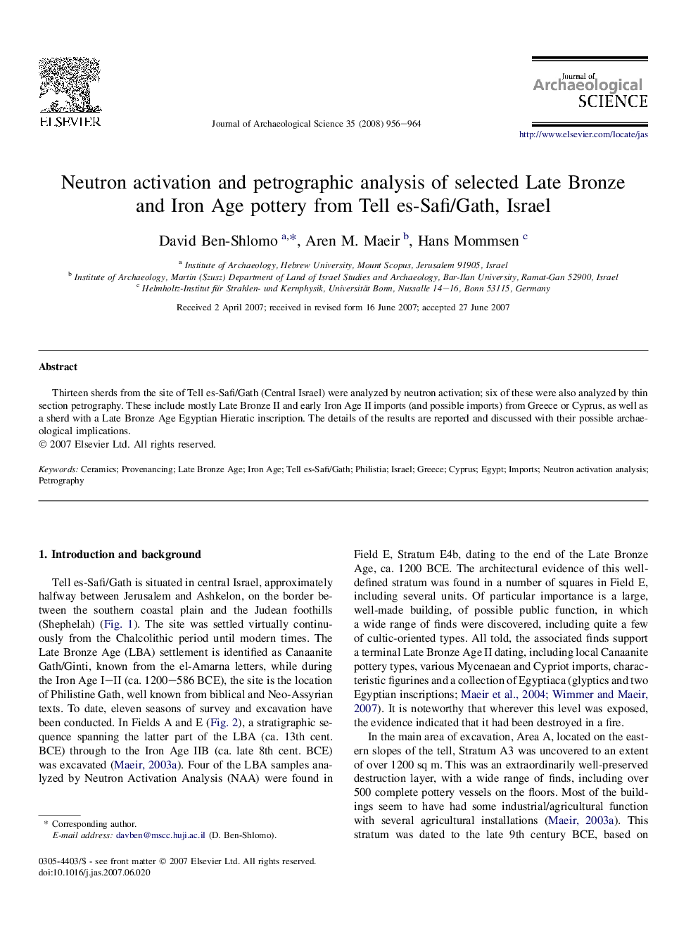 Neutron activation and petrographic analysis of selected Late Bronze and Iron Age pottery from Tell es-Safi/Gath, Israel