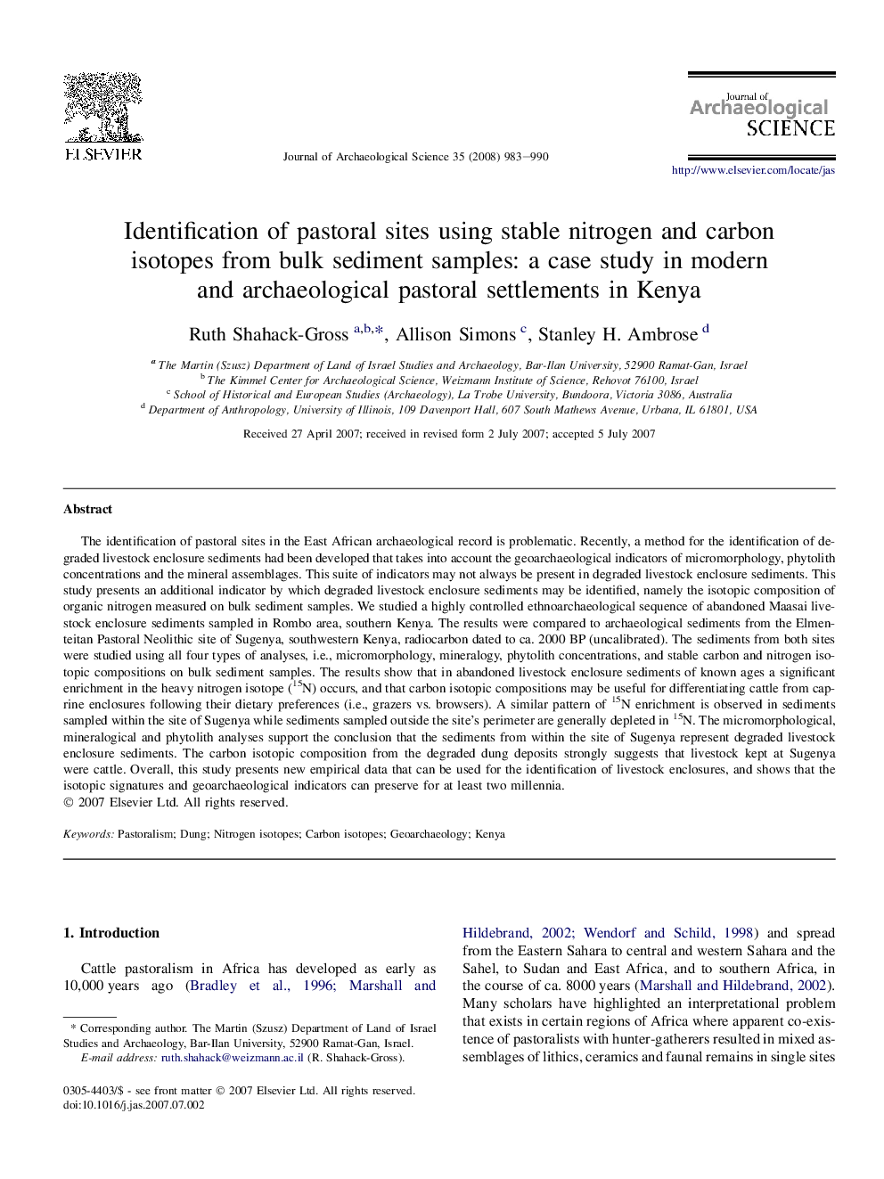 Identification of pastoral sites using stable nitrogen and carbon isotopes from bulk sediment samples: a case study in modern and archaeological pastoral settlements in Kenya