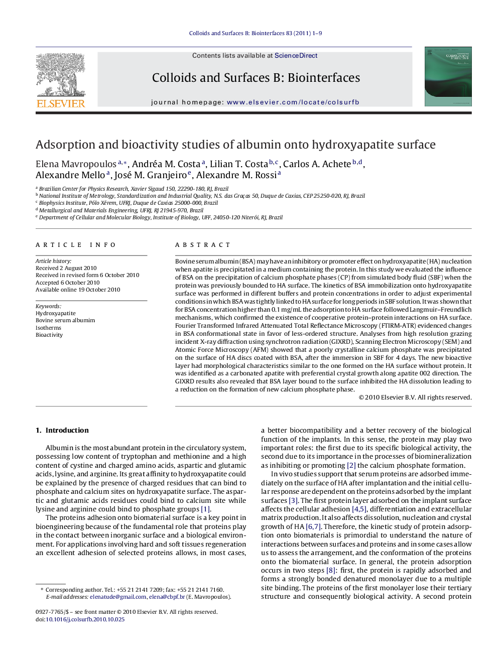 عکس صفحه اول مقاله: Adsorption and bioactivity studies of albumin onto hydroxyapatite surface Adsorption and bioactivity studies of albumin onto hydroxyapatite surface