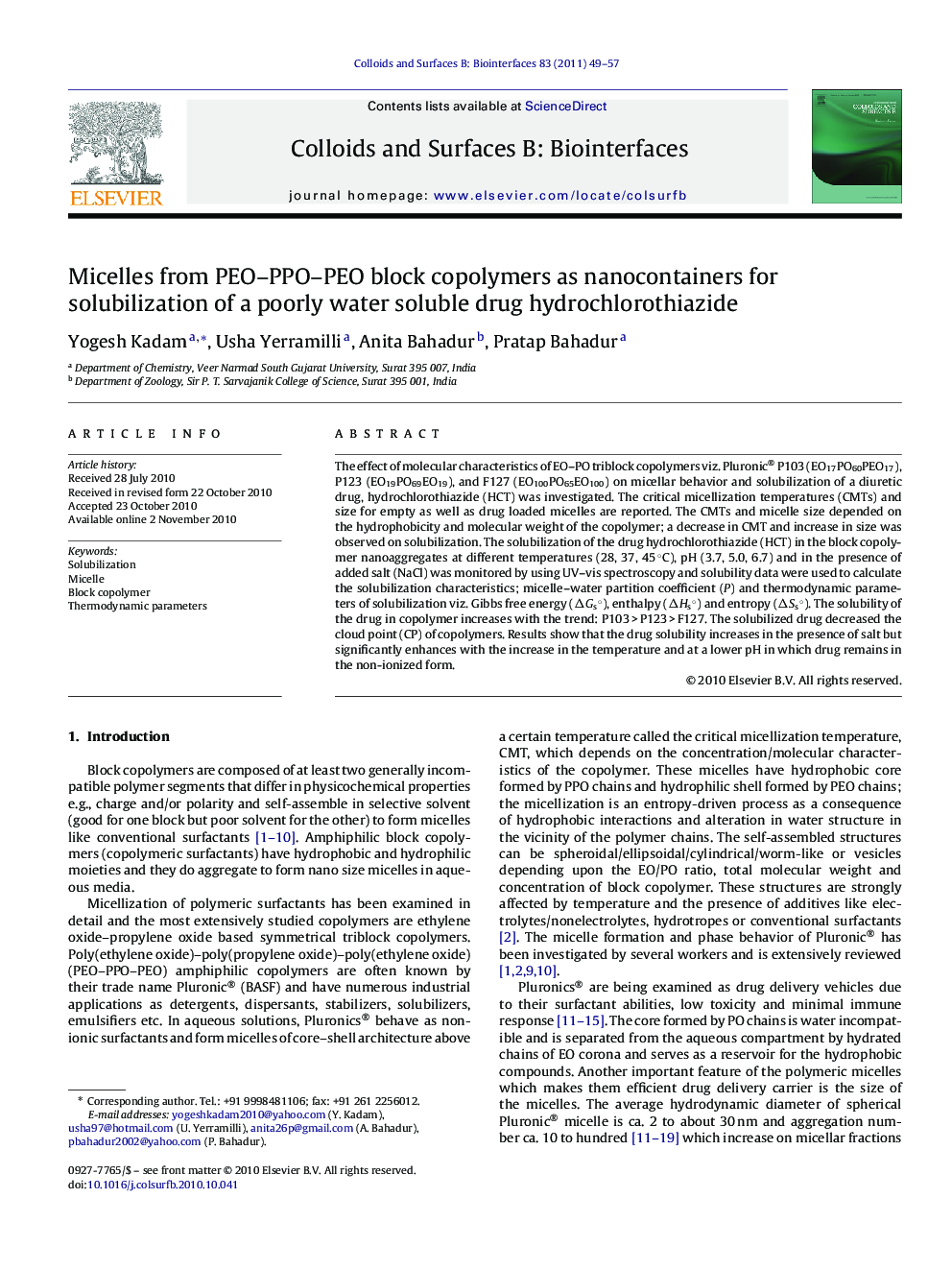 عکس صفحه اول مقاله: Micelles from PEO-PPO-PEO block copolymers as nanocontainers for solubilization of a poorly water soluble drug hydrochlorothiazide Micelles from PEO-PPO-PEO block copolymers as nanocontainers for solubilization of a poorly water soluble drug hydrochlorothiazide