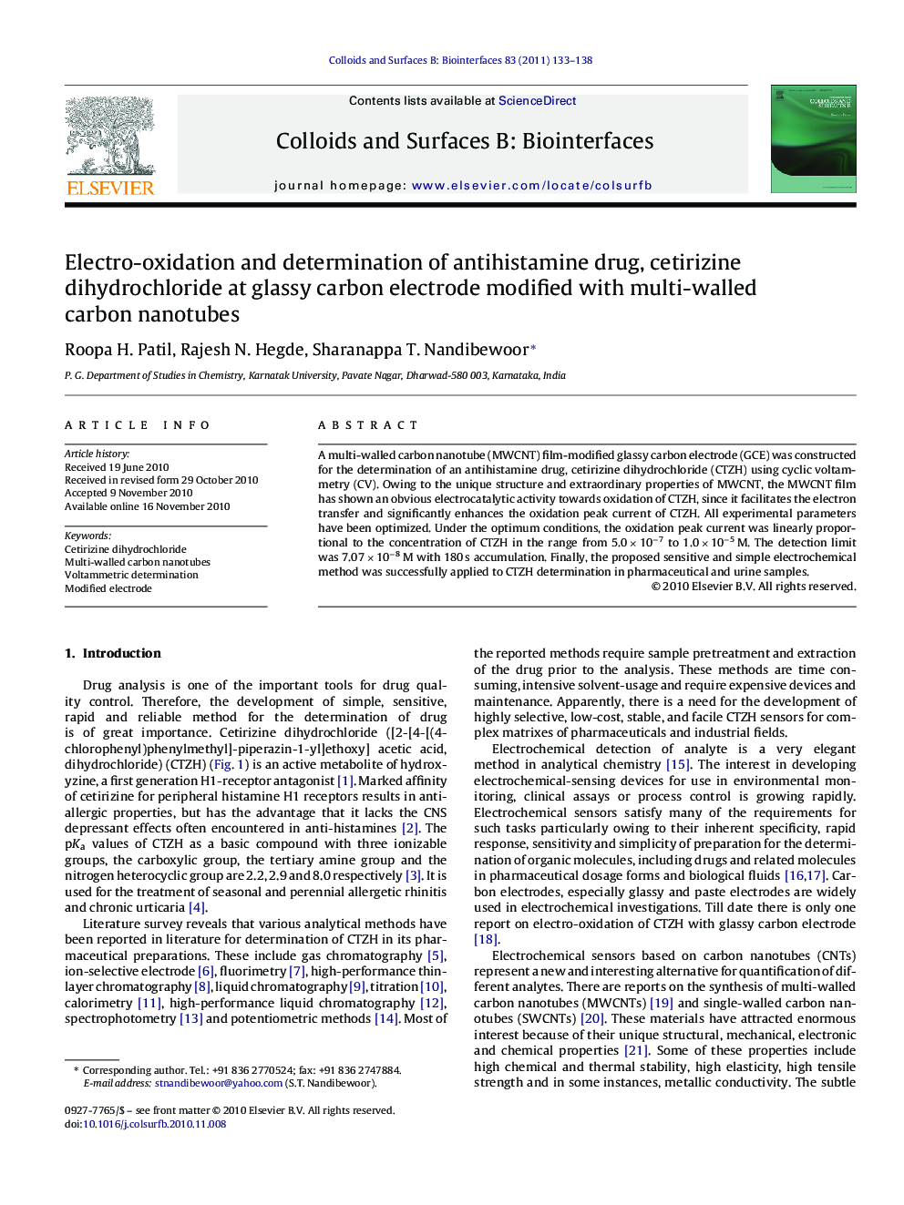 عکس صفحه اول مقاله: Electro-oxidation and determination of antihistamine drug, cetirizine dihydrochloride at glassy carbon electrode modified with multi-walled carbon nanotubes Electro-oxidation and determination of antihistamine drug, cetirizine dihydrochloride at glassy carbon electrode modified with multi-walled carbon nanotubes