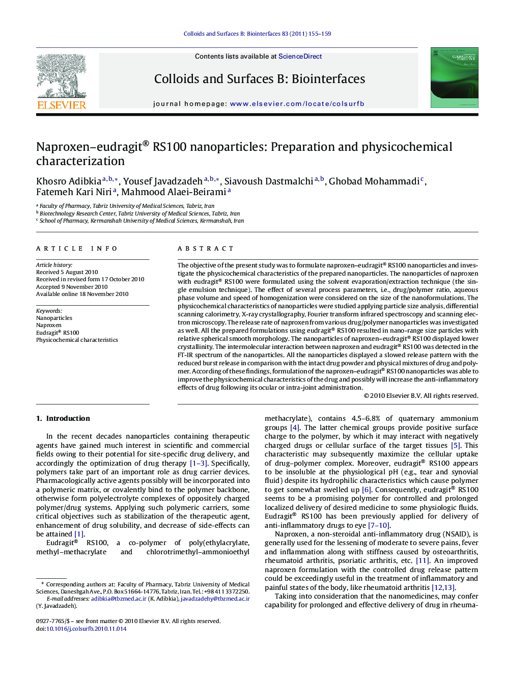 Naproxen-eudragit® RS100 nanoparticles: Preparation and physicochemical characterization