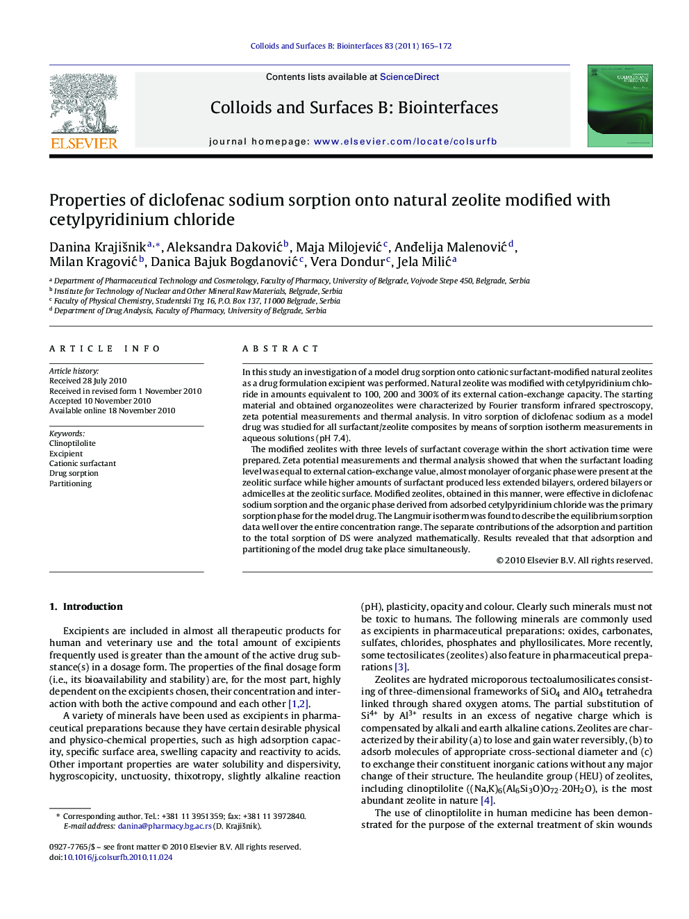 Properties of diclofenac sodium sorption onto natural zeolite modified with cetylpyridinium chloride