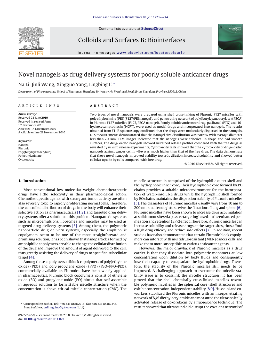 عکس صفحه اول مقاله: Novel nanogels as drug delivery systems for poorly soluble anticancer drugs Novel nanogels as drug delivery systems for poorly soluble anticancer drugs