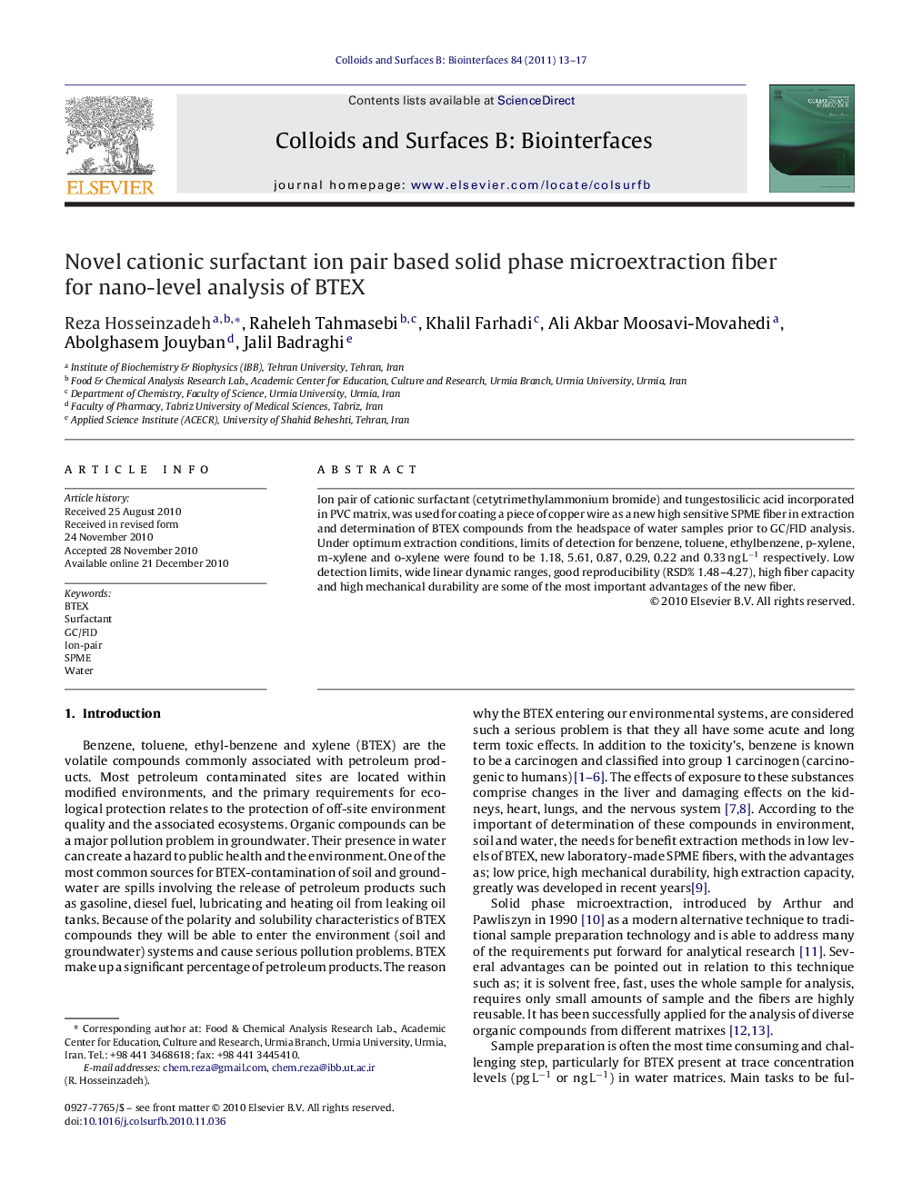 Novel cationic surfactant ion pair based solid phase microextraction fiber for nano-level analysis of BTEX