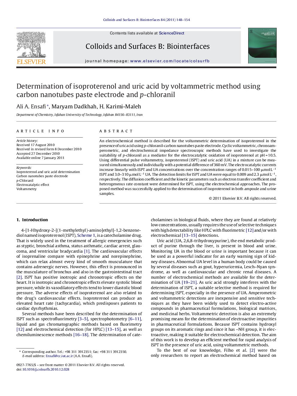 Determination of isoproterenol and uric acid by voltammetric method using carbon nanotubes paste electrode and p-chloranil