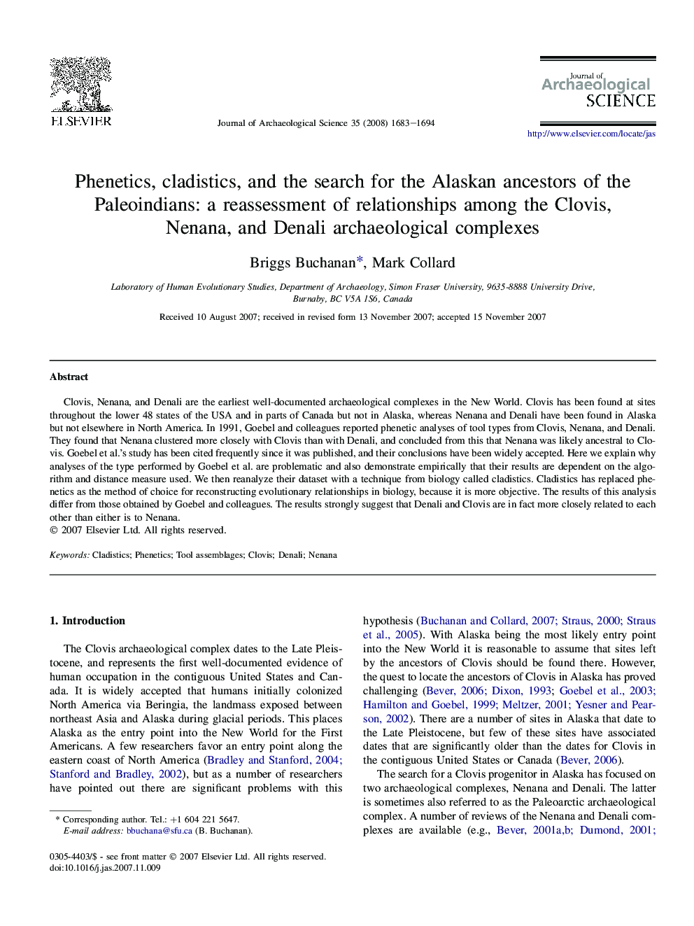 Phenetics, cladistics, and the search for the Alaskan ancestors of the Paleoindians: a reassessment of relationships among the Clovis, Nenana, and Denali archaeological complexes