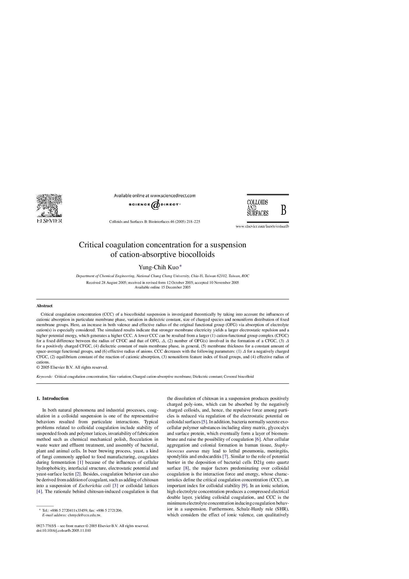 Critical coagulation concentration for a suspension of cation-absorptive biocolloids