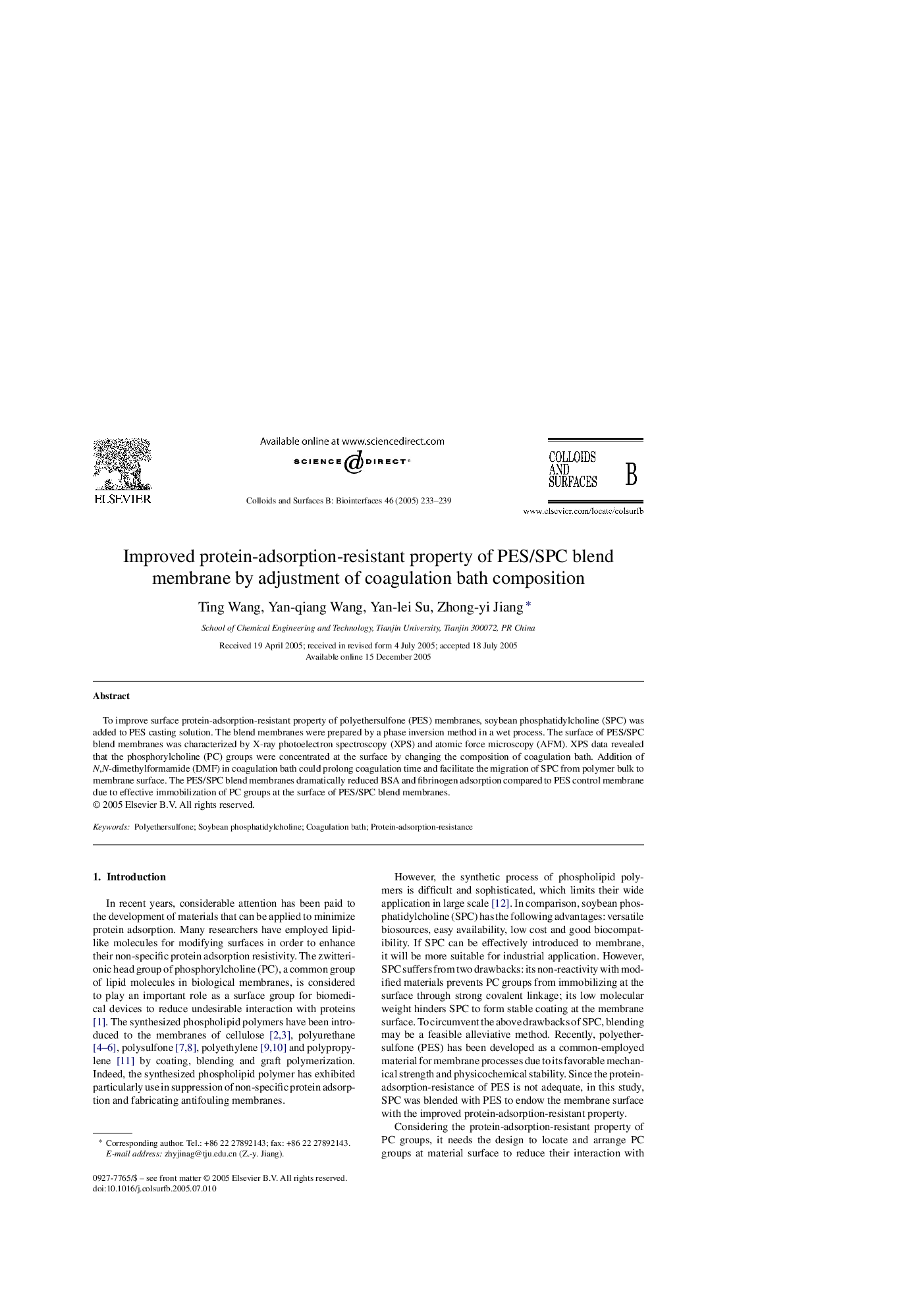 Improved protein-adsorption-resistant property of PES/SPC blend membrane by adjustment of coagulation bath composition